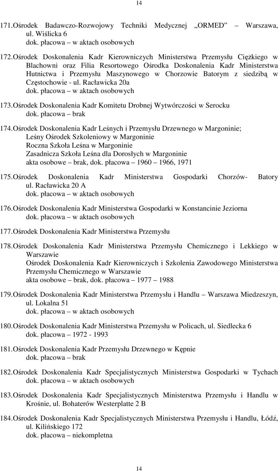 Batorym z siedzibą w Częstochowie - ul. Racławicka 20a 173. Ośrodek Doskonalenia Kadr Komitetu Drobnej Wytwórczości w Serocku 174.