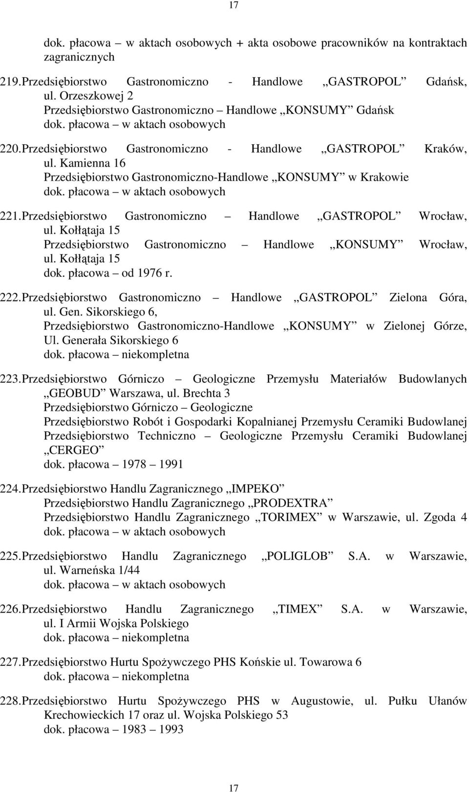 Kamienna 16 Przedsiębiorstwo Gastronomiczno-Handlowe KONSUMY w Krakowie 221. Przedsiębiorstwo Gastronomiczno Handlowe GASTROPOL Wrocław, ul.