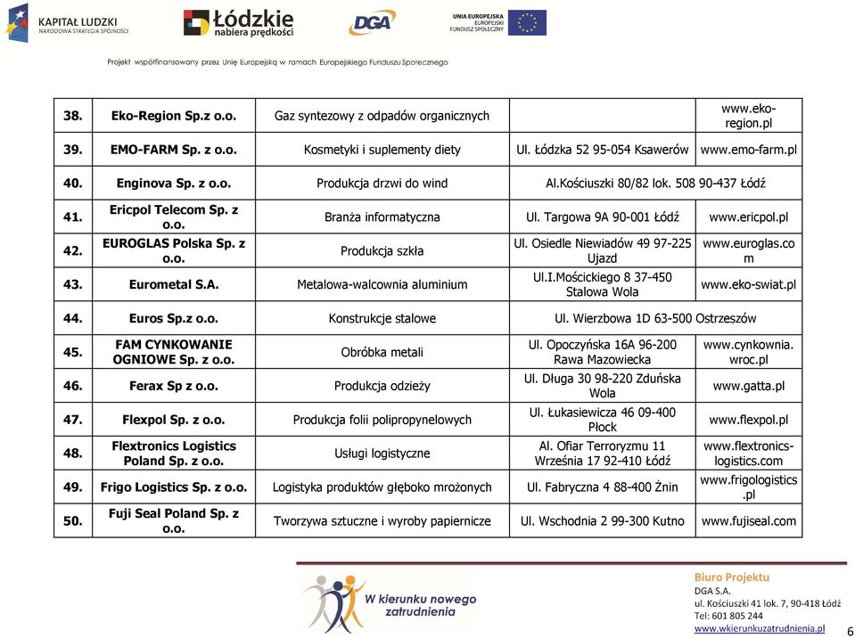 Osiedle Niewiadów 49 97-225 Ujazd Ul.I.Mościckiego 8 37-450 Stalowa Wola www.euroglas.co m www.eko-swiat.pl 44. Euros Sp.z Konstrukcje stalowe Ul. Wierzbowa 1D 63-500 Ostrzeszów 45.