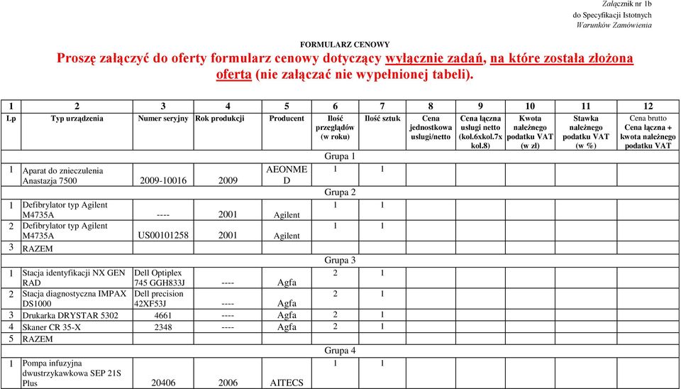 2 3 4 5 6 7 8 9 0 2 Lp Typ urządzenia Numer seryjny Rok produkcji Producent Ilość przeglądów (w roku) Aparat do znieczulenia Anastazja 7500 2009-006 2009 AEONME D Defibrylator typ Agilent M4735A ----