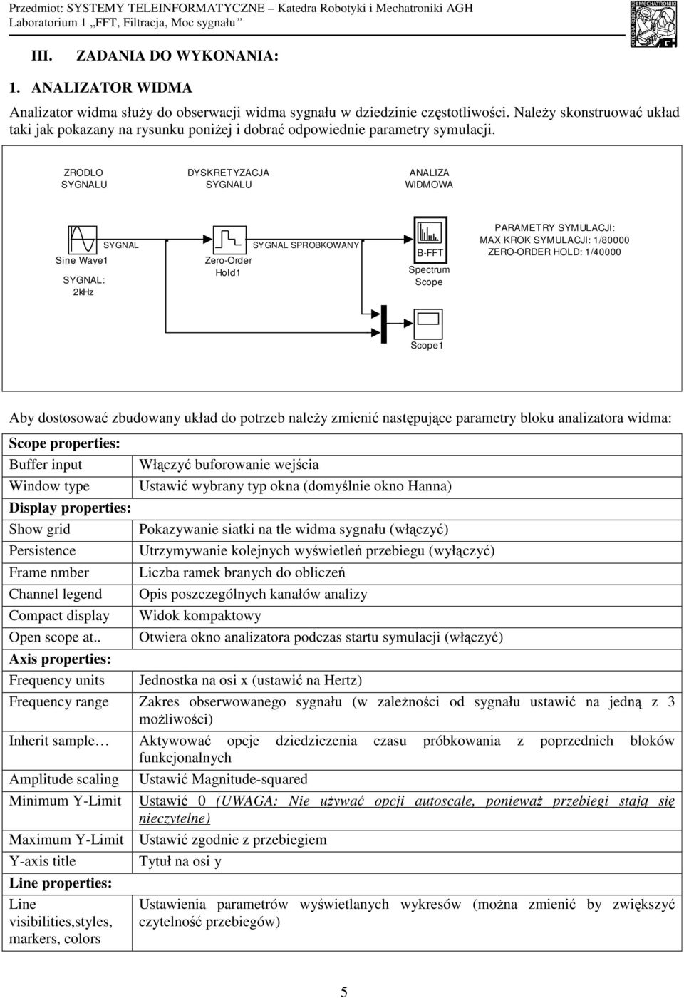ZRODLO SYGNALU DYSKRETYZACJA SYGNALU ANALIZA WIDMOWA Sine Wave SYGNAL: khz SYGNAL Zero-Order Hold SYGNAL SPROBKOWANY B-FFT Spectrum Scope PARAMETRY SYMULACJI: MAX KROK SYMULACJI: /8 ZERO-ORDER HOLD: