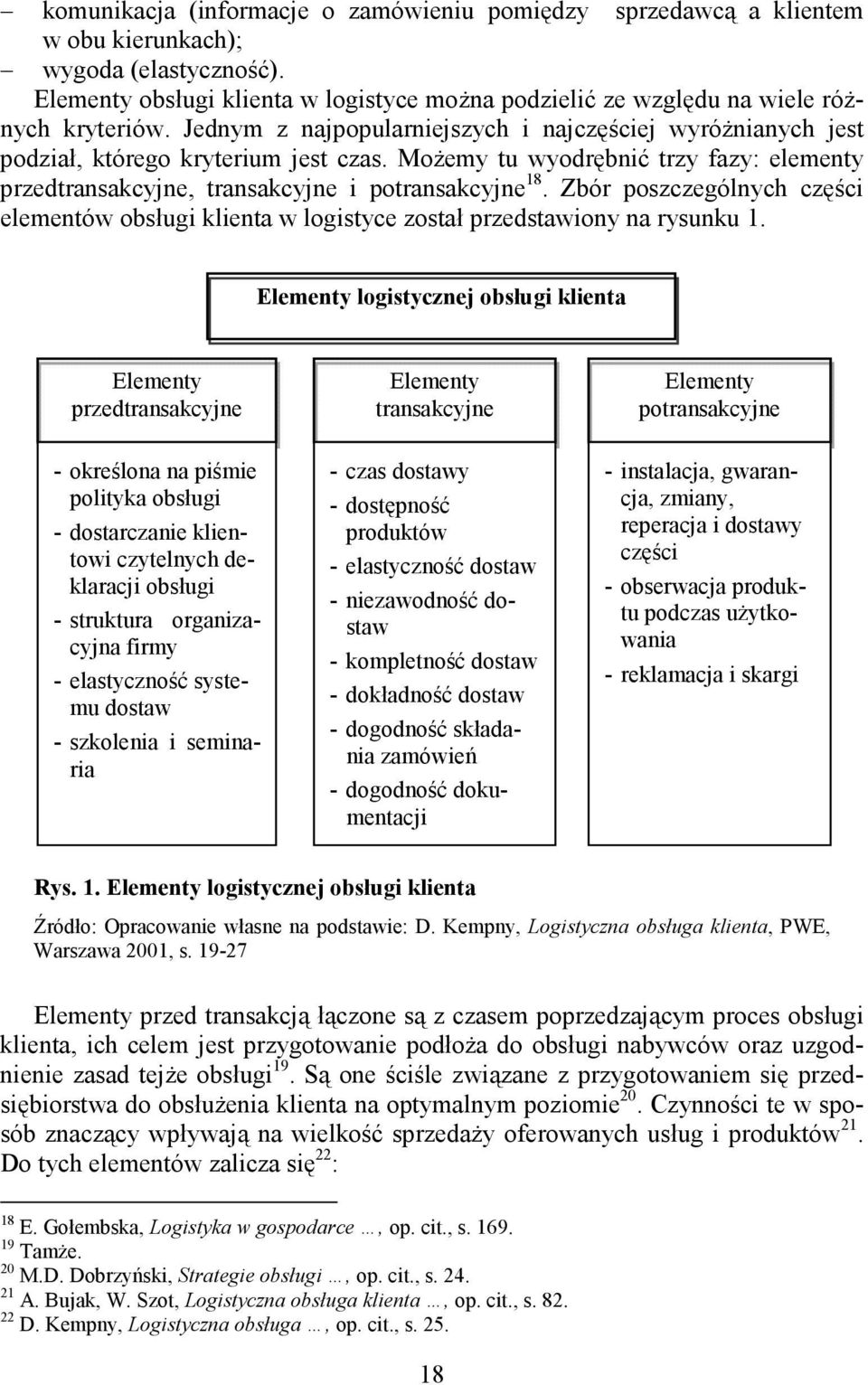 MoŜemy tu wyodrębnić trzy fazy: elementy przedtransakcyjne, transakcyjne i potransakcyjne 18. Zbór poszczególnych części elementów obsługi klienta w logistyce został przedstawiony na rysunku 1.