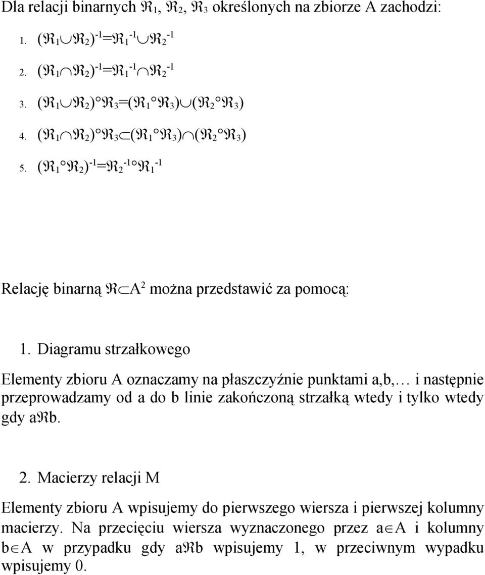 Diagramu strzałkowego Elementy zbioru A oznaczamy na płaszczyźnie punktami a,b, i następnie przeprowadzamy od a do b linie zakończoną strzałką wtedy i tylko wtedy