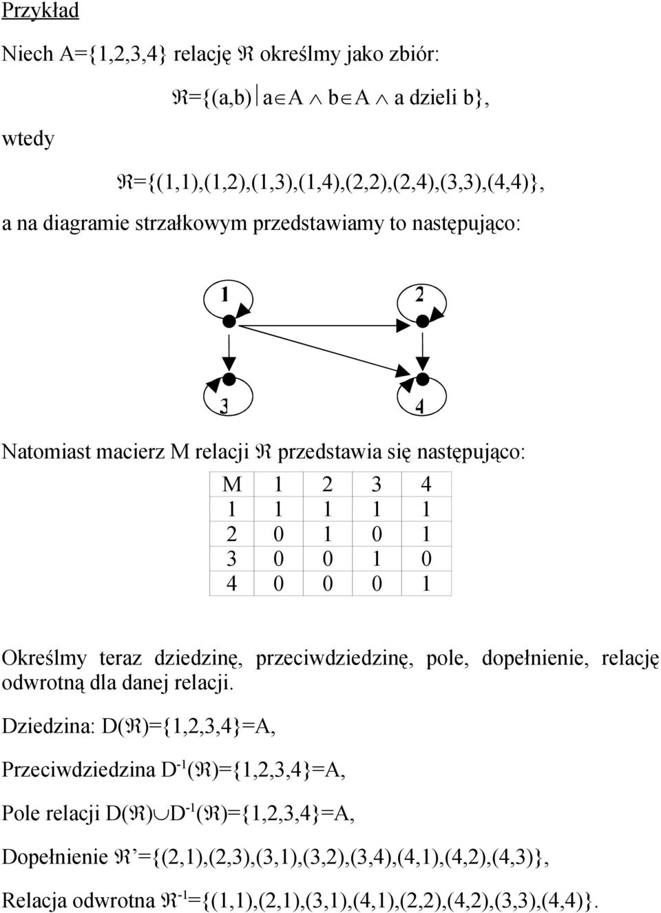 teraz dziedzinę, przeciwdziedzinę, pole, dopełnienie, relację odwrotną dla danej relacji.