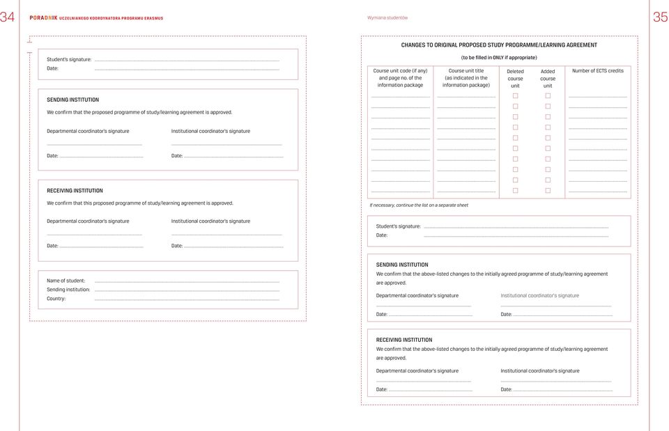 of the information package Course unit title (as indicated in the information package) Deleted course unit Added course unit Number of ECTS credits SENDING INSTITUTION We confirm that the proposed