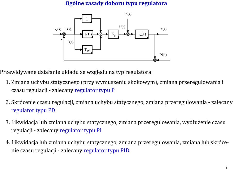 Skrócenie czau regulacji, zmiana uchybu tatyczneg, zmiana rzeregulwania - zalecany regulatr tyu PD 3.