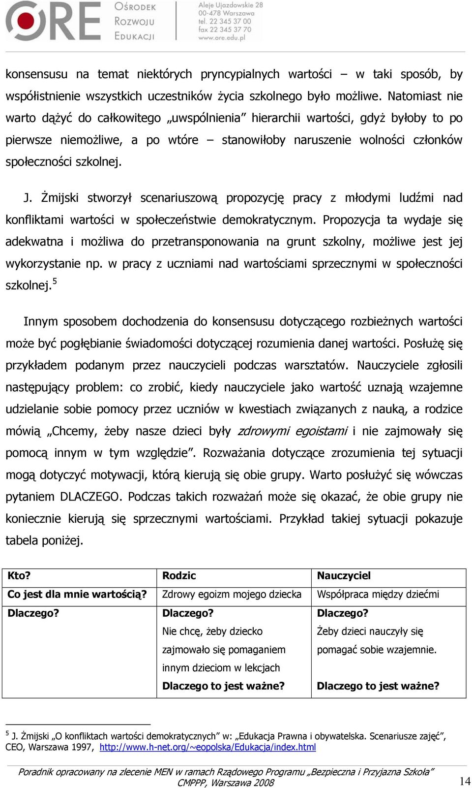 Żmijski stworzył scenariuszową propozycję pracy z młodymi ludźmi nad konfliktami wartości w społeczeństwie demokratycznym.