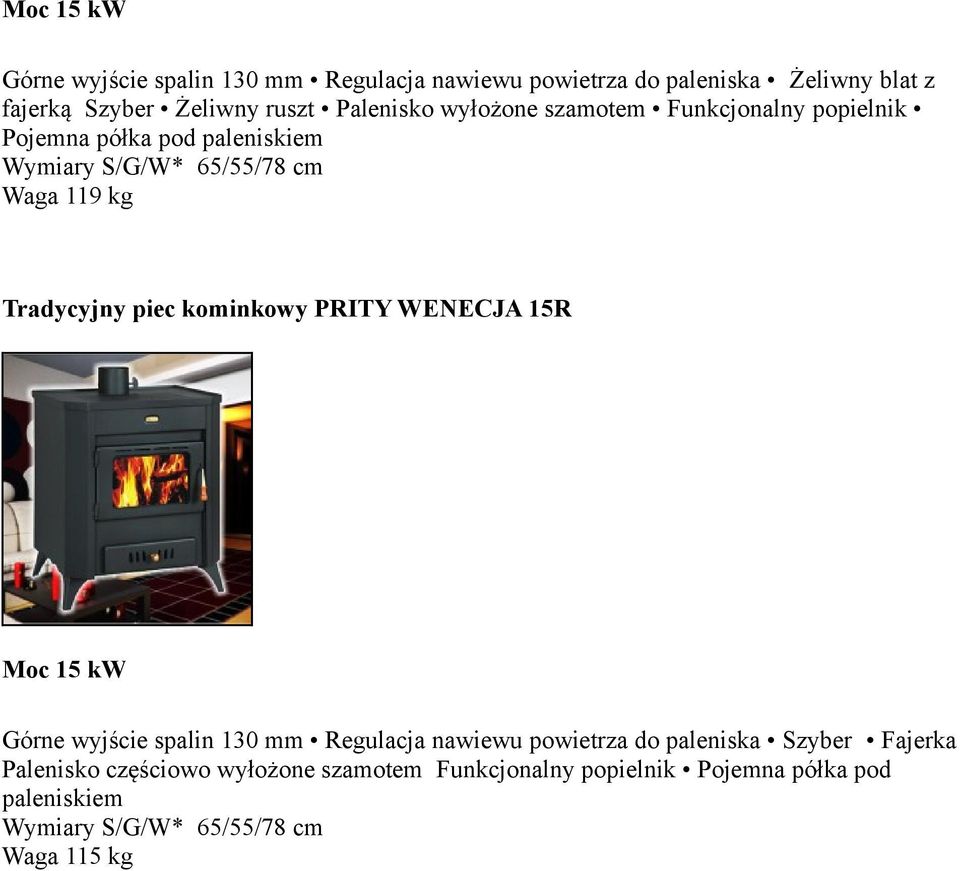 Tradycyjny piec kominkowy PRITY WENECJA 15R Moc 15 kw Górne wyjście spalin 130 mm Regulacja nawiewu powietrza do paleniska