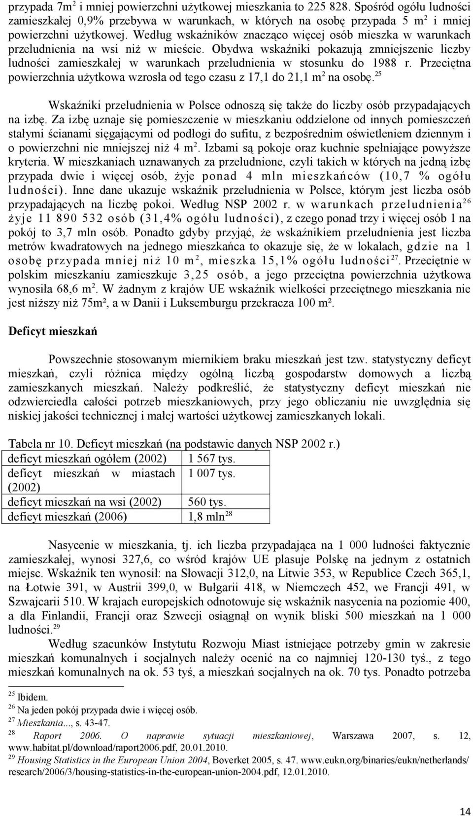 Obydwa wskaźniki pokazują zmniejszenie liczby ludności zamieszkałej w warunkach przeludnienia w stosunku do 1988 r. Przeciętna powierzchnia użytkowa wzrosła od tego czasu z 17,1 do 21,1 m 2 na osobę.