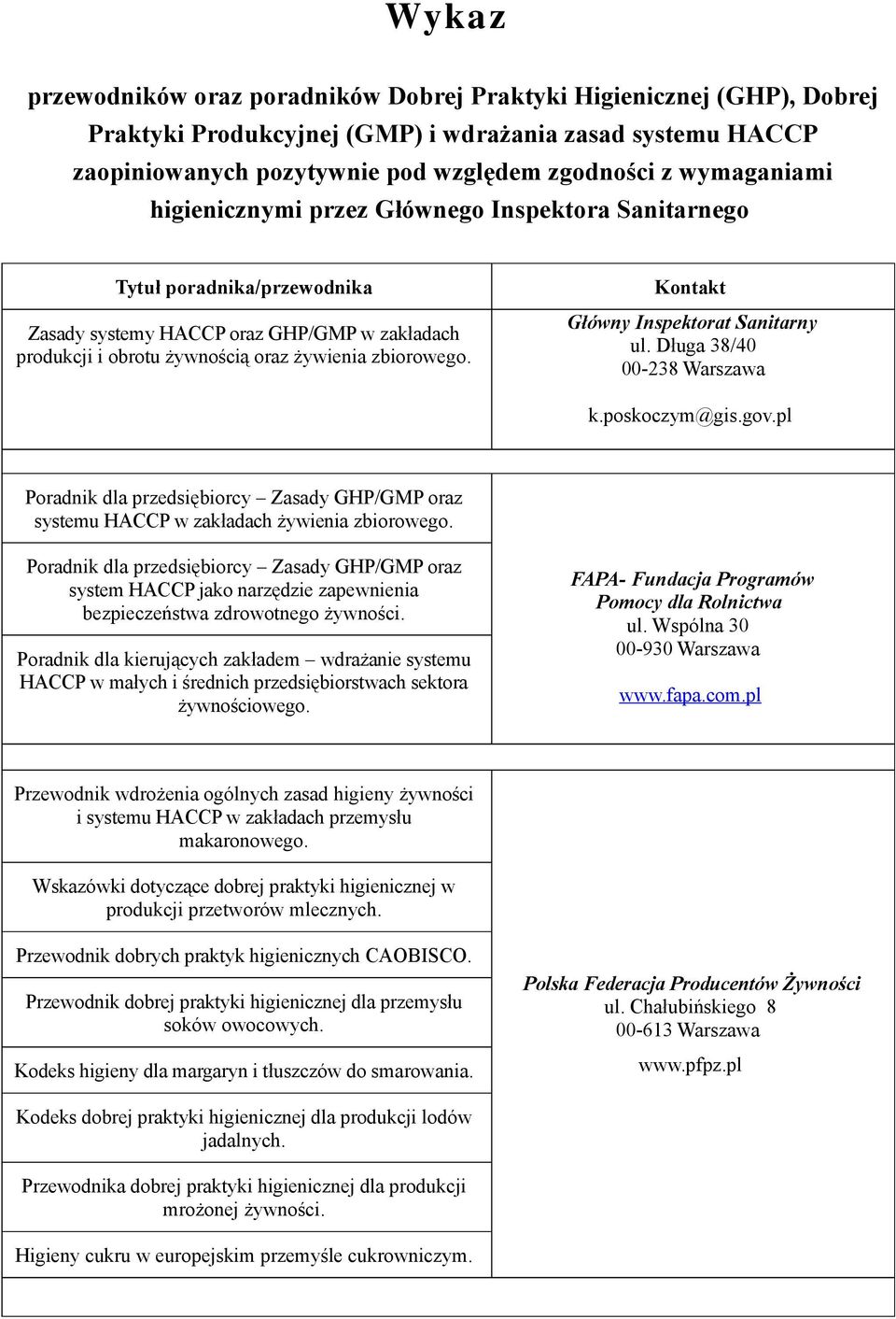 Kontakt Główny Inspektorat Sanitarny ul. Długa 38/40 00-238 Warszawa k.poskoczym@gis.gov.pl Poradnik dla przedsiębiorcy Zasady GHP/GMP oraz systemu HACCP w zakładach żywienia zbiorowego.