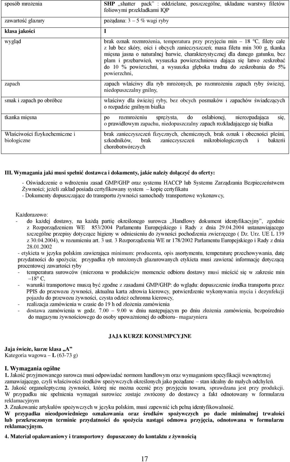 dla danego gatunku, bez plam i przebarwień, wysuszka powierzchniowa dająca się łatwo zeskrobać do 10 % powierzchni, a wysuszka głęboka trudna do zeskrobania do 5% powierzchni, właściwy dla ryb