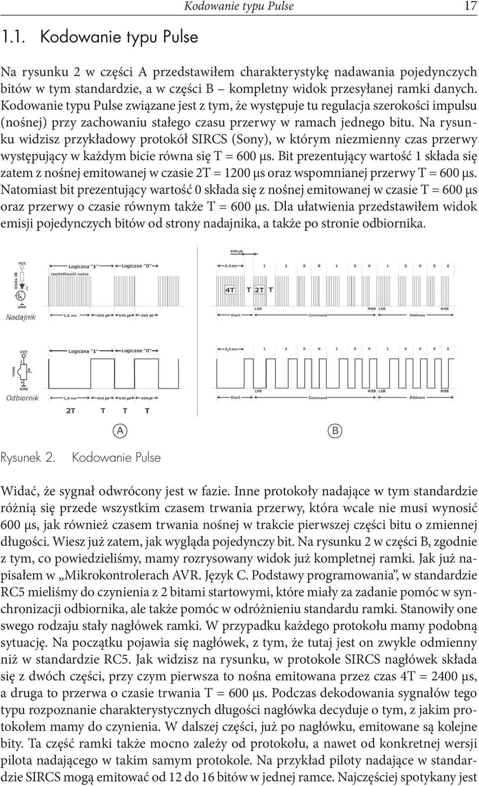 Na rysunku widzisz przykładowy protokół SIRCS (Sony), w którym niezmienny czas przerwy występujący w każdym bicie równa się T = 600 µs.