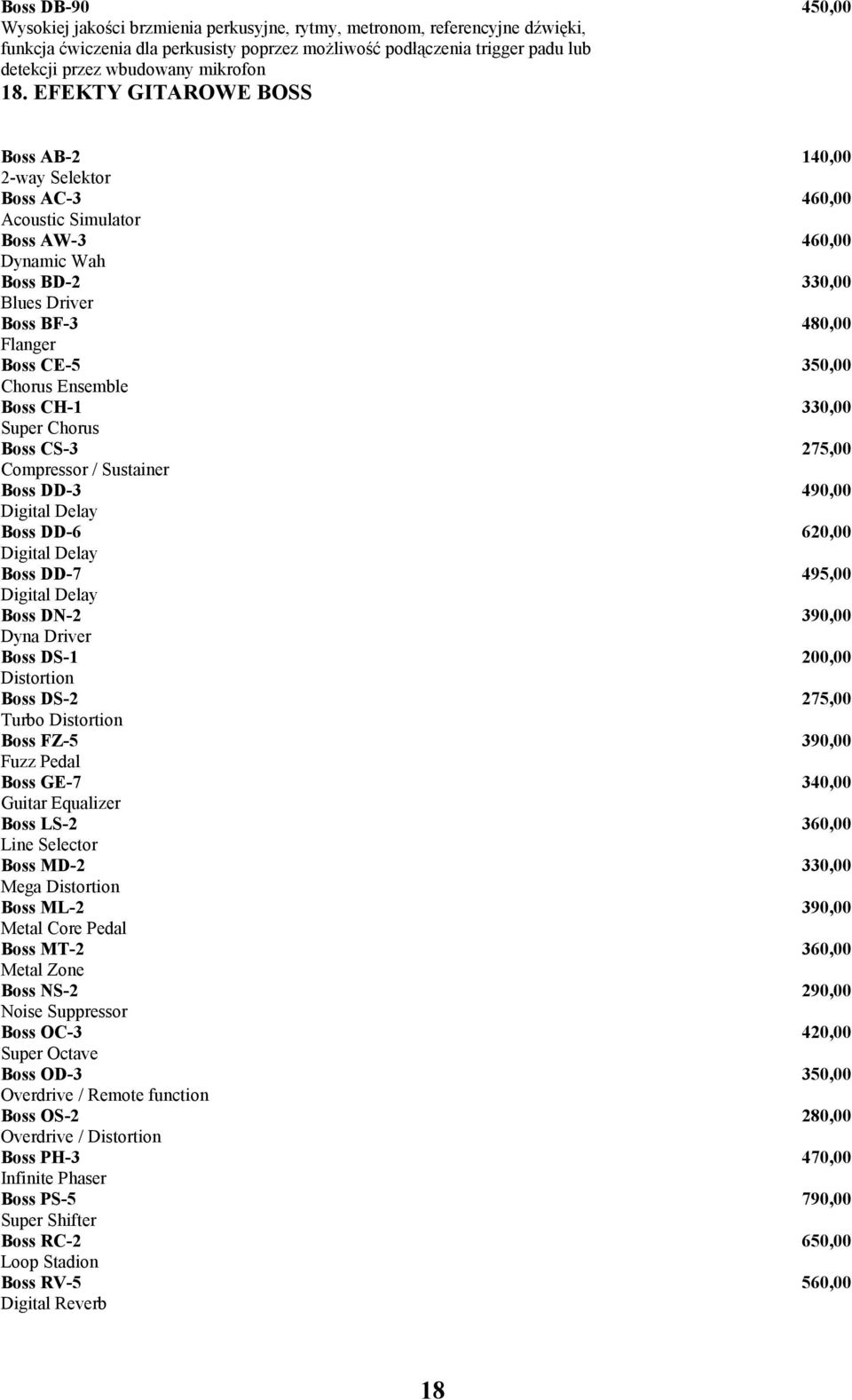 EFEKTY GITAROWE BOSS 450,00 Boss AB-2 2-way Selektor Boss AC-3 Acoustic Simulator Boss AW-3 Dynamic Wah Boss BD-2 Blues Driver Boss BF-3 Flanger Boss CE-5 Chorus Ensemble Boss CH-1 Super Chorus Boss