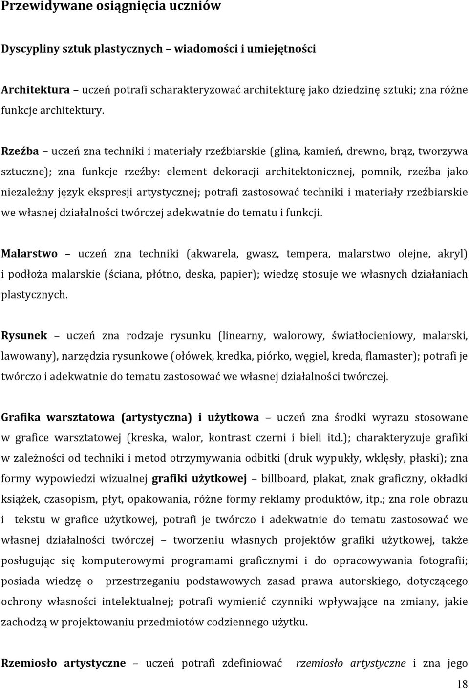 ekspresji artystycznej; potrafi zastosować techniki i materiały rzeźbiarskie we własnej działalności twórczej adekwatnie do tematu i funkcji.