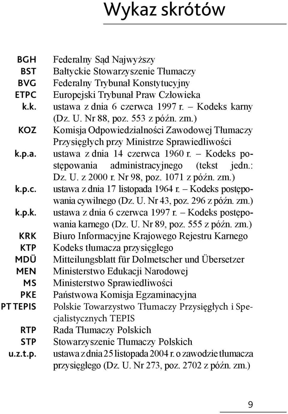 Kodeks karny (Dz. U. Nr 88, poz. 553 z późn. zm.) Komisja Odpowiedzialności Zawodowej Tłumaczy Przysięgłych przy Ministrze Sprawiedliwości ustawa z dnia 14 czerwca 1960 r.