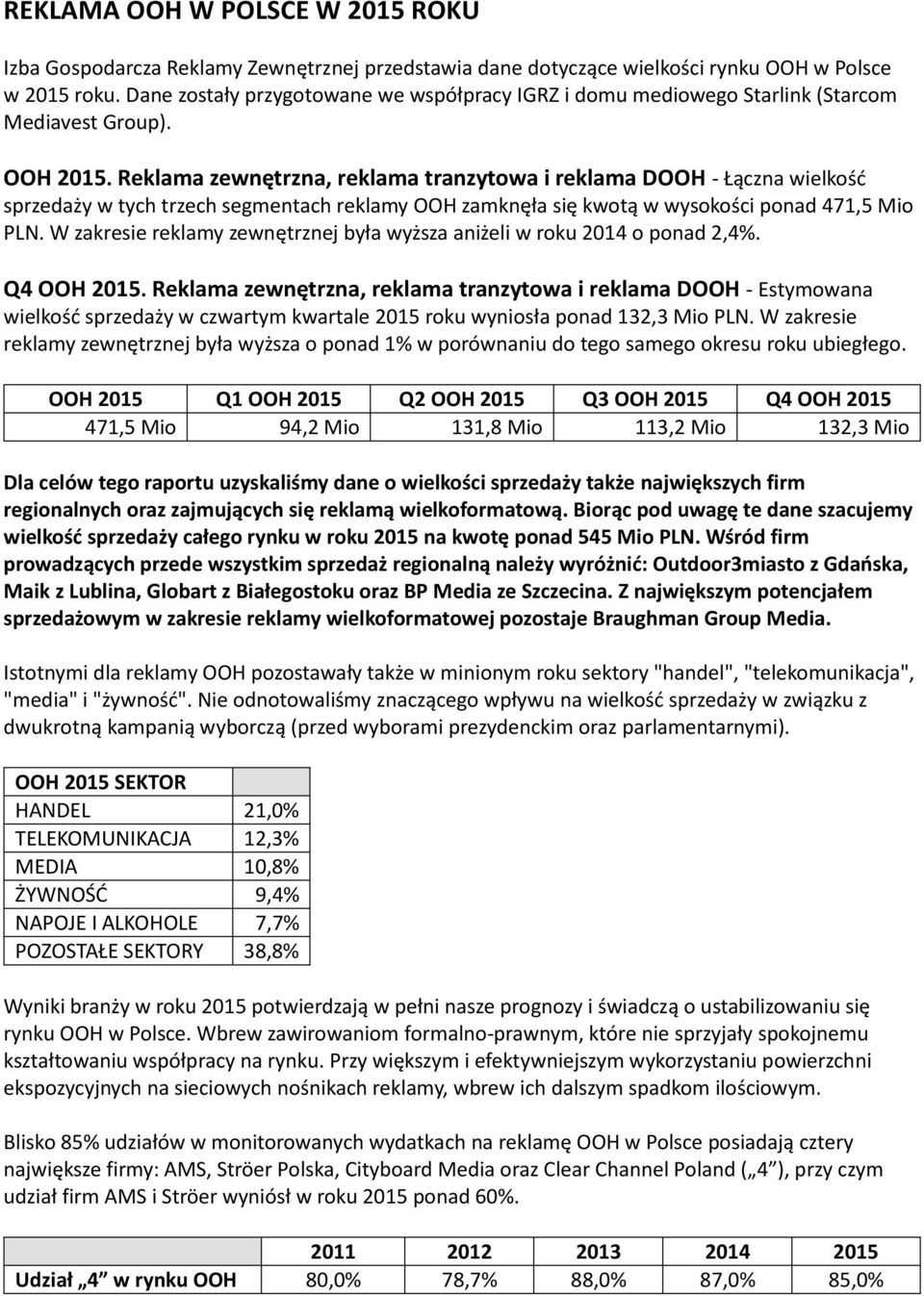 Reklama zewnętrzna, reklama tranzytowa i reklama DOOH - Łączna wielkość sprzedaży w tych trzech segmentach reklamy OOH zamknęła się kwotą w wysokości ponad 471,5 Mio PLN.