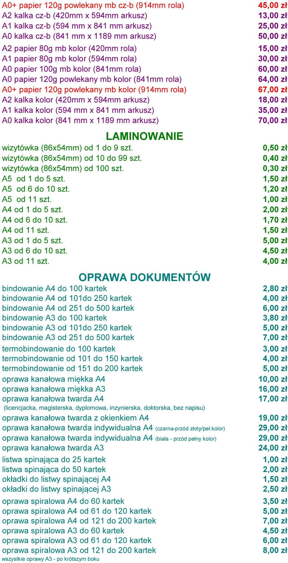 (914mm rola) 6 A2 kalka kolor (420mm x 594mm arkusz) 1 A1 kalka kolor (594 mm x 841 mm arkusz) 3 A0 kalka kolor (841 mm x 1189 mm arkusz) 70,00 zł wizytówka (86x54mm) od 1 do 9 szt.