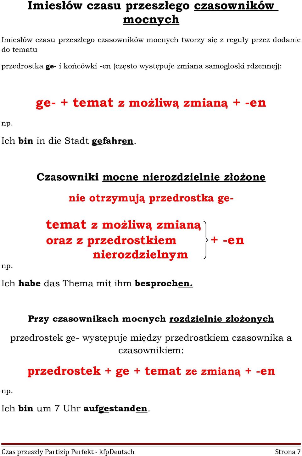 Czasowniki mocne nierozdzielnie złożone nie otrzymują przedrostka getemat z możliwą zmianą oraz z przedrostkiem nierozdzielnym + -en Ich habe das Thema mit ihm besprochen.