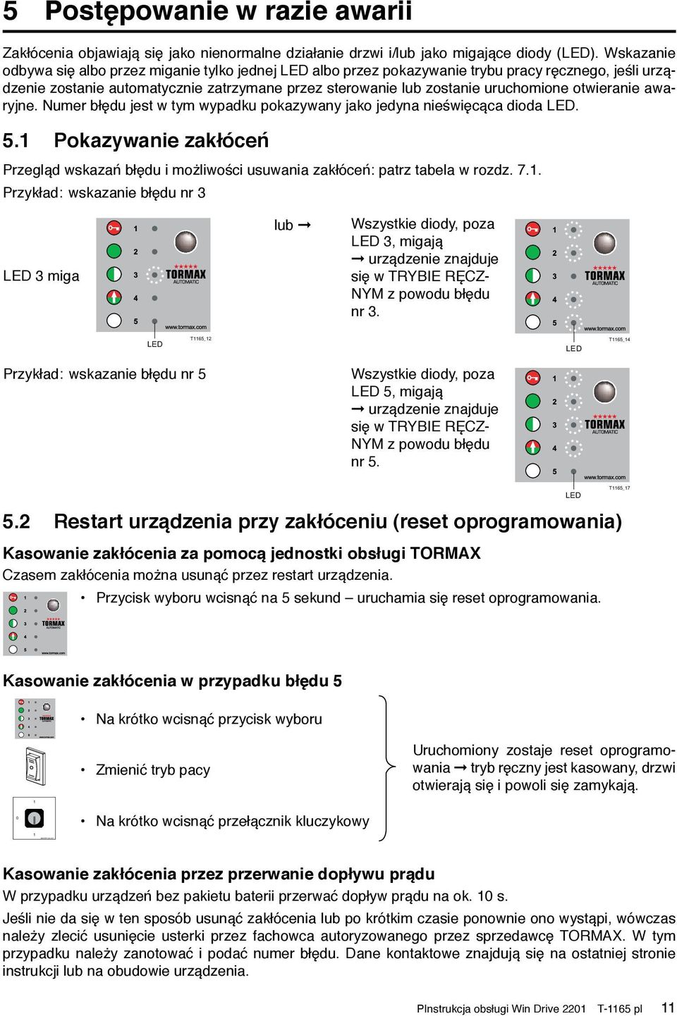 otwieranie awaryjne. Numer błędu jest w tym wypadku pokazywany jako jedyna nieświęcąca dioda LED. 5.1 Pokazywanie zakłóceń Przegląd wskazań błędu i możliwości usuwania zakłóceń: patrz tabela w rozdz.