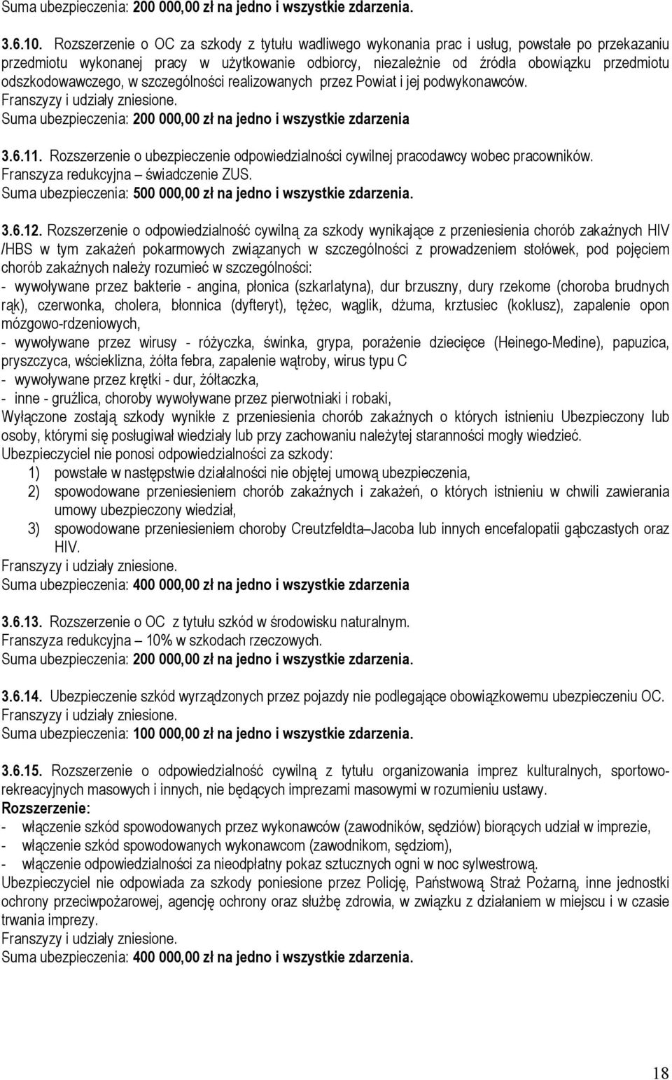 odszkodowawczego, w szczególności realizowanych przez Powiat i jej podwykonawców. Franszyzy i udziały zniesione. Suma ubezpieczenia: 200 000,00 zł na jedno i wszystkie zdarzenia 3.6.11.