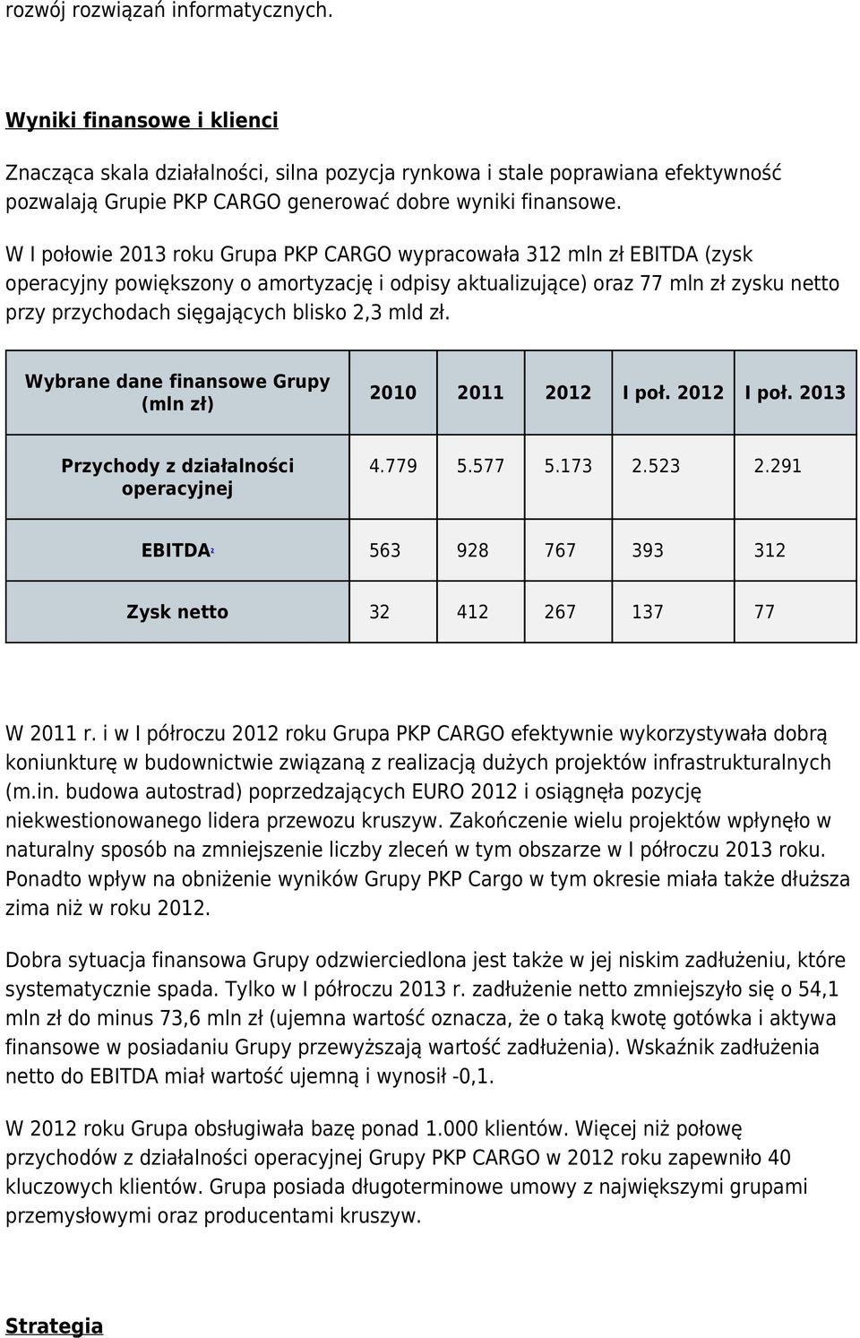 W I połowie 2013 roku Grupa PKP CARGO wypracowała 312 mln zł EBITDA (zysk operacyjny powiększony o amortyzację i odpisy aktualizujące) oraz 77 mln zł zysku netto przy przychodach sięgających blisko