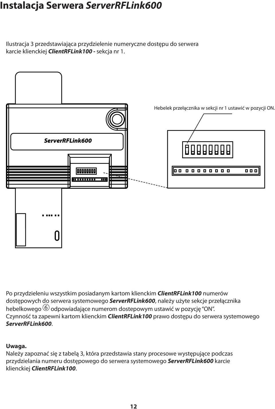 ServerRFLink600 Po przydzieleniu wszystkim posiadanym kartom klienckim ClientRFLink100 numerów dostępowych do serwera systemowego ServerRFLink600, należy użyte sekcje przełącznika hebelkowego
