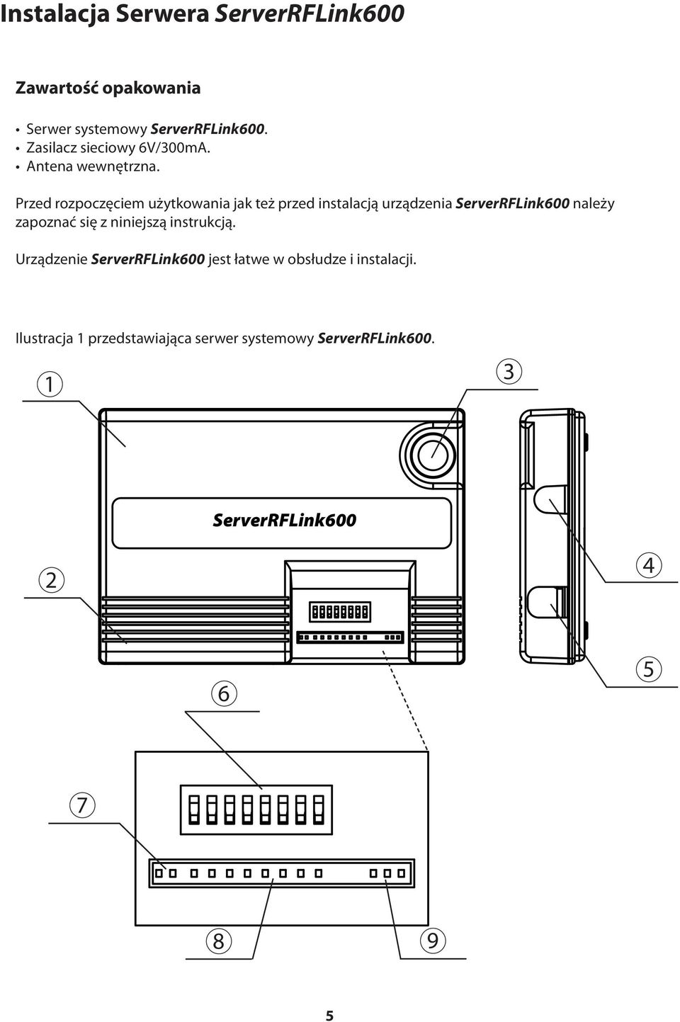 Przed rozpoczęciem użytkowania jak też przed instalacją urządzenia ServerRFLink600 należy zapoznać się z