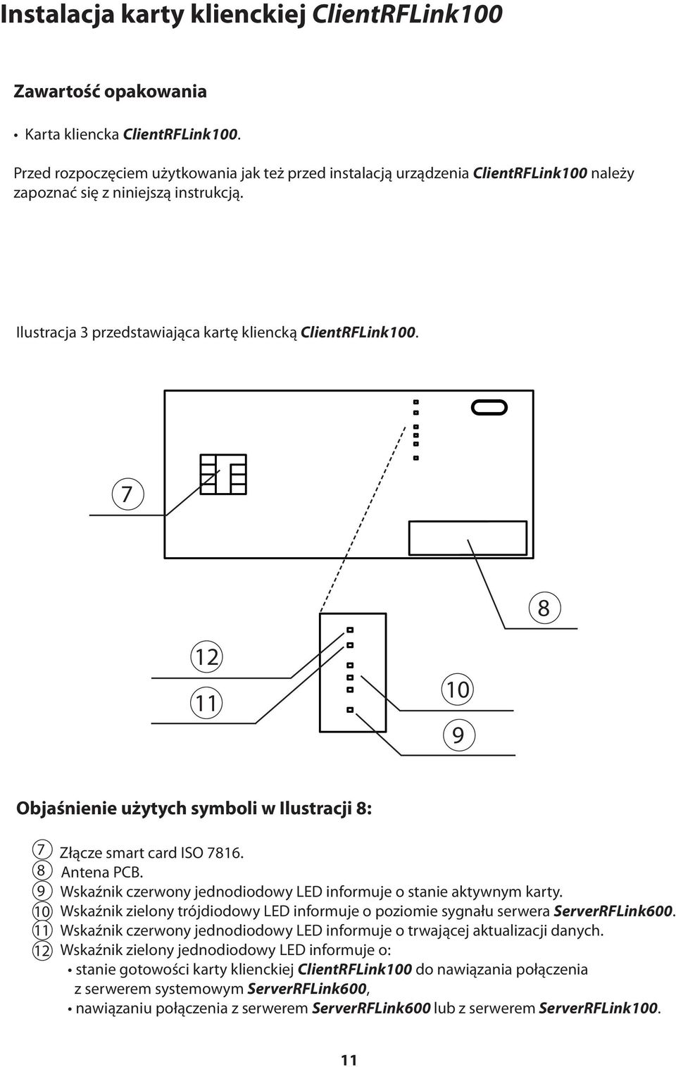 7 8 12 11 10 9 Objaśnienie użytych symboli w Ilustracji 8: 7 8 9 10 11 12 Złącze smart card ISO 7816. Antena PCB. Wskaźnik czerwony jednodiodowy LED informuje o stanie aktywnym karty.