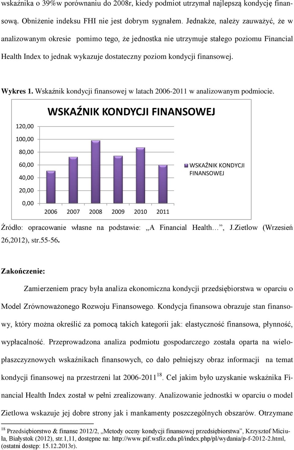 Wskaźnik kondycji finansowej w latach 2006-2011 w analizowanym podmiocie.