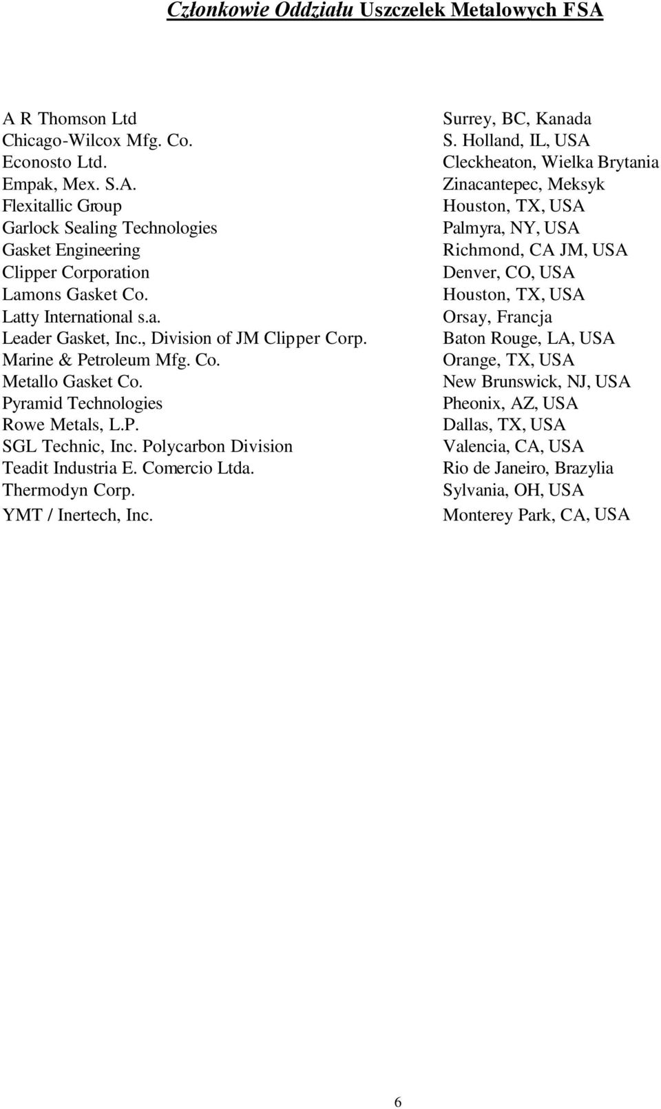 Polycarbon Division Teadit Industria E. Comercio Ltda. Thermodyn Corp. YMT / Inertech, Inc. Surrey, BC, Kanada S.