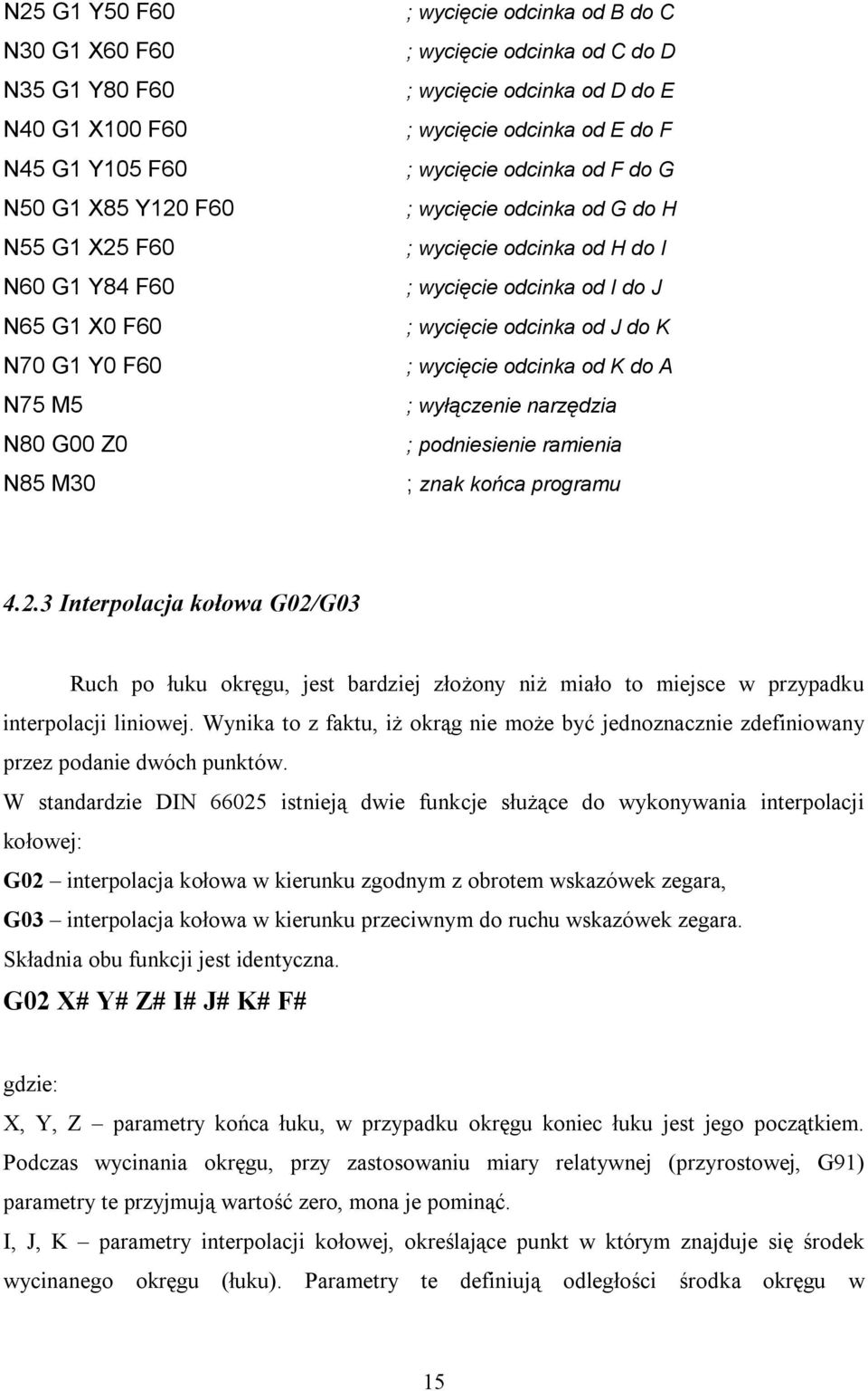 odcinka od I do J ; wycięcie odcinka od J do K ; wycięcie odcinka od K do A ; wyłączenie narzędzia ; podniesienie ramienia ; znak końca programu 4.2.