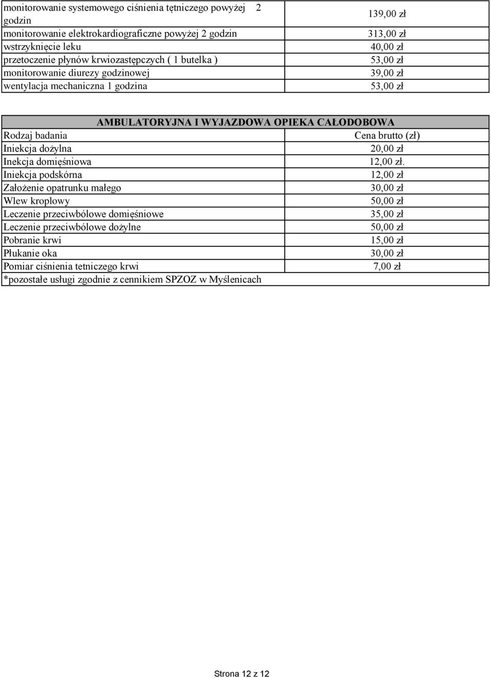 (zł) Iniekcja dożylna 20,00 zł Inekcja domięśniowa 12,00 zł.