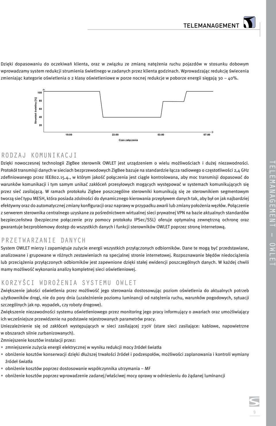 100 Strumień świetlny [%] 80 60 40 20 19:00 23:00 03:00 07:00 Czas załączenia RODZAJ KOMUNIKACJI Dzięki nowoczesnej technologii ZigBee sterownik OWLET jest urządzeniem o wielu możliwościach i dużej