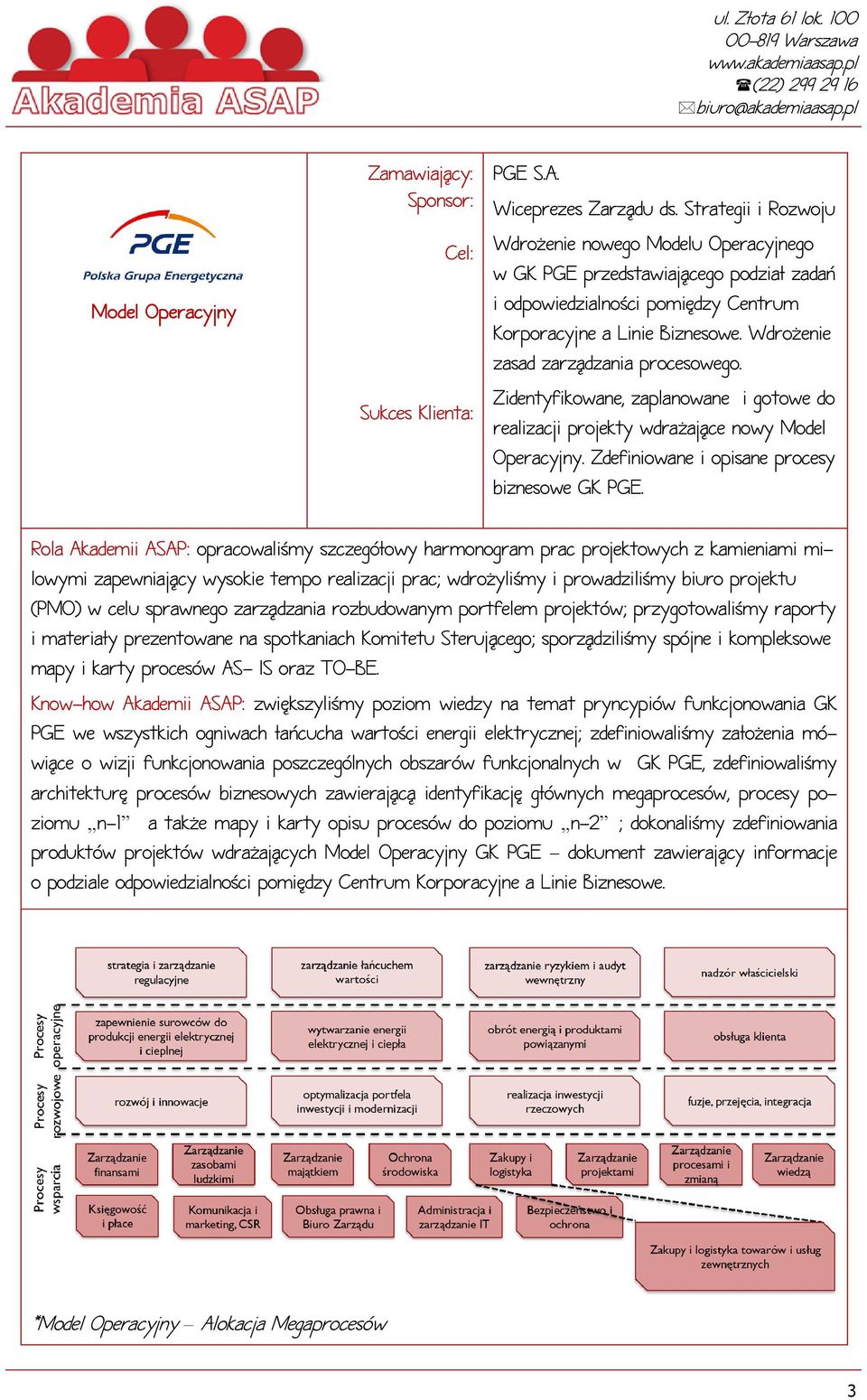 Wdrożenie zasad zarządzania procesowego. Zidentyfikowane, zaplanowane i gotowe do realizacji projekty wdrażające nowy Model Operacyjny. Zdefiniowane i opisane procesy biznesowe GK PGE.