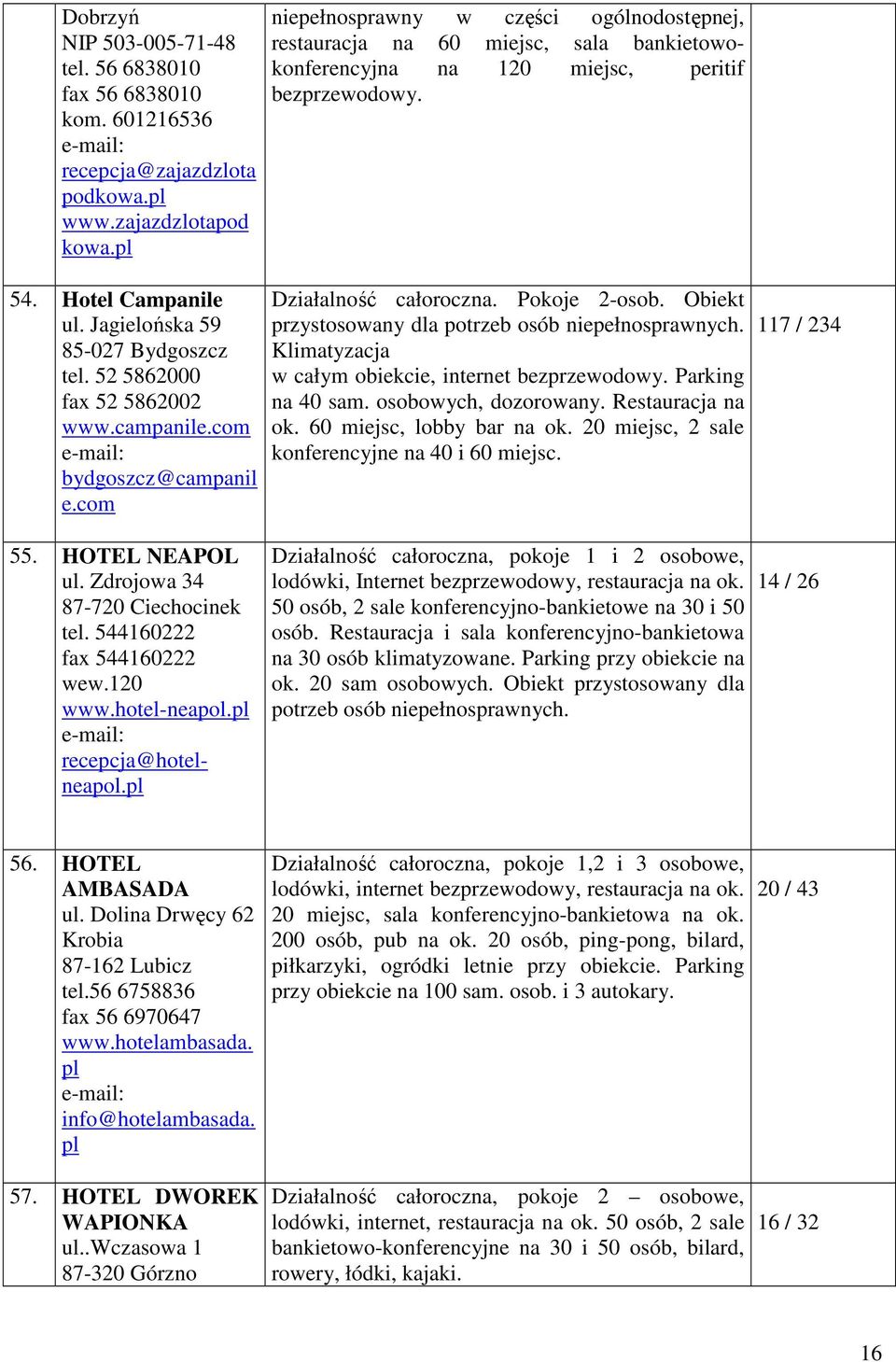 52 5862000 fax 52 5862002 www.campanile.com bydgoszcz@campanil e.com Działalność całoroczna. Pokoje 2-osob. Obiekt przystosowany dla potrzeb osób Klimatyzacja w całym obiekcie, internet bezprzewodowy.