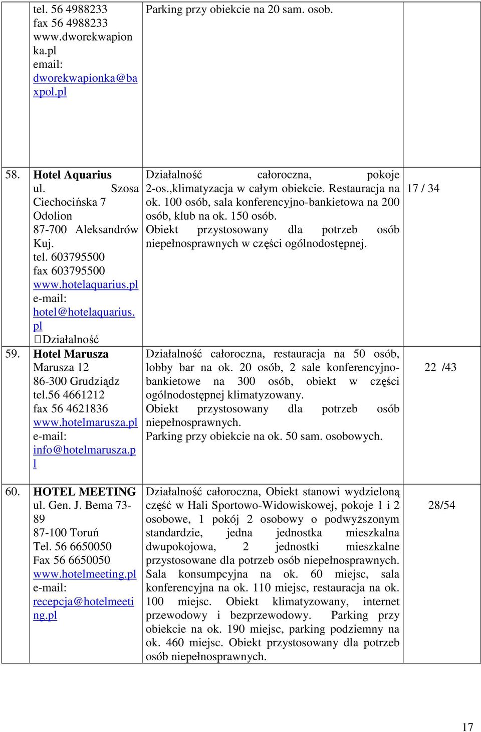 p l Działalność całoroczna, pokoje 2-os.,klimatyzacja w całym obiekcie. Restauracja na ok. 100 osób, sala konferencyjno-bankietowa na 200 osób, klub na ok. 150 osób.