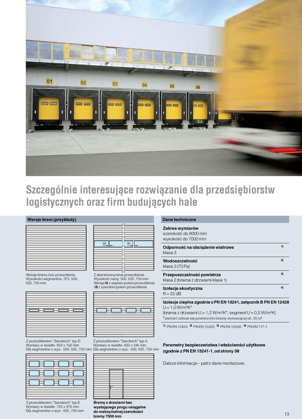 polem przeszklenia i B z szerokim polem przeszklenia Wodoszczelność 2) klasa 3 (70 Pa) Przepuszczalność powietrza 3) klasa 2 (brama z drzwiami klasa 1) Izolacja akustyczna 4) R = 22 db Izolacja