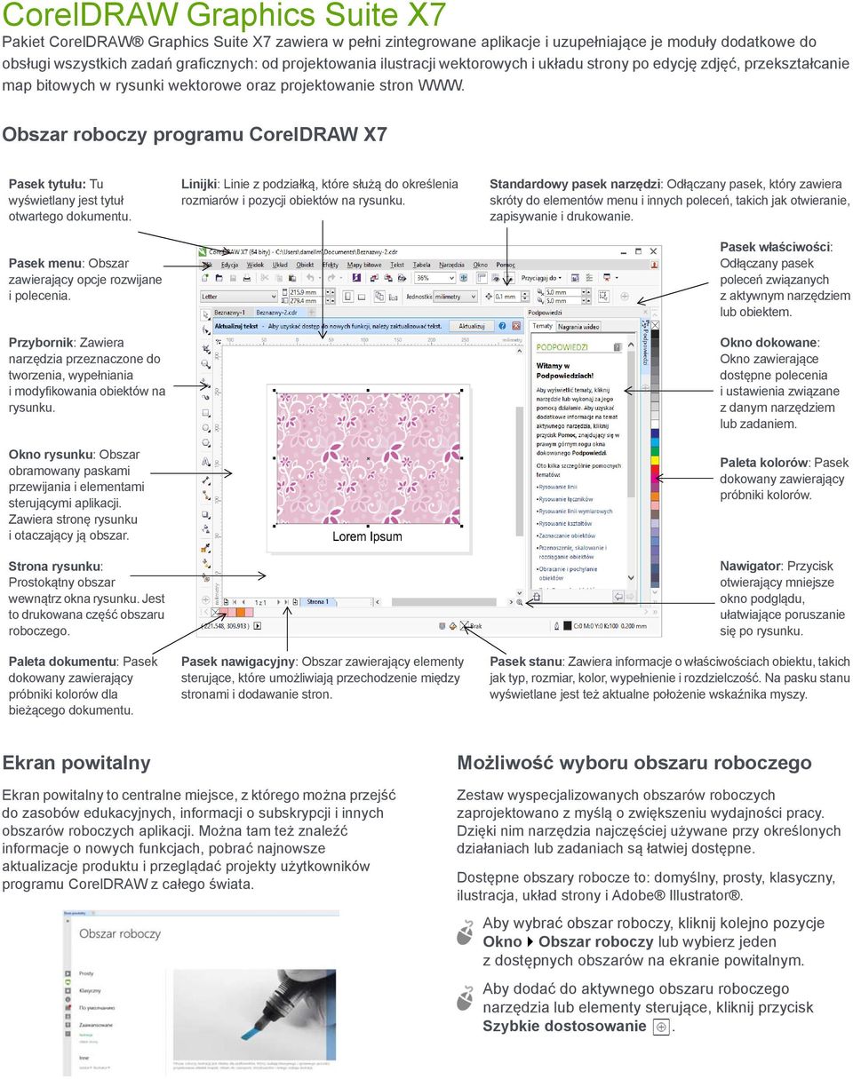 Obszar roboczy programu CorelDRAW X7 Pasek tytułu: Tu wyświetlany jest tytuł otwartego dokumentu. Pasek menu: Obszar zawierający opcje rozwijane i polecenia.
