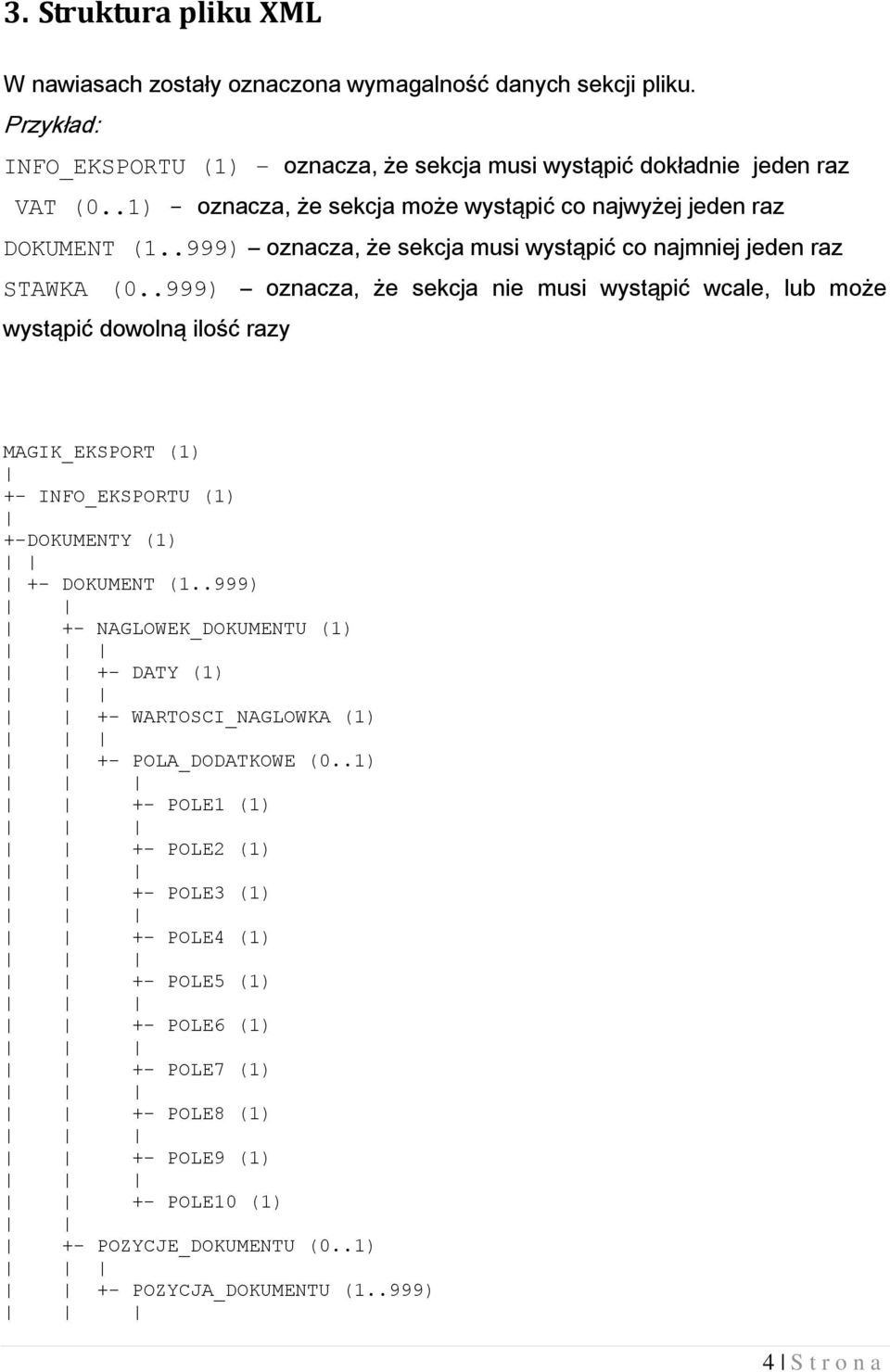 .999) oznacza, że sekcja nie musi wystąpić wcale, lub może wystąpić dowolną ilość razy MAGIK_EKSPORT (1) +- INFO_EKSPORTU (1) +-DOKUMENTY (1) +- DOKUMENT (1.