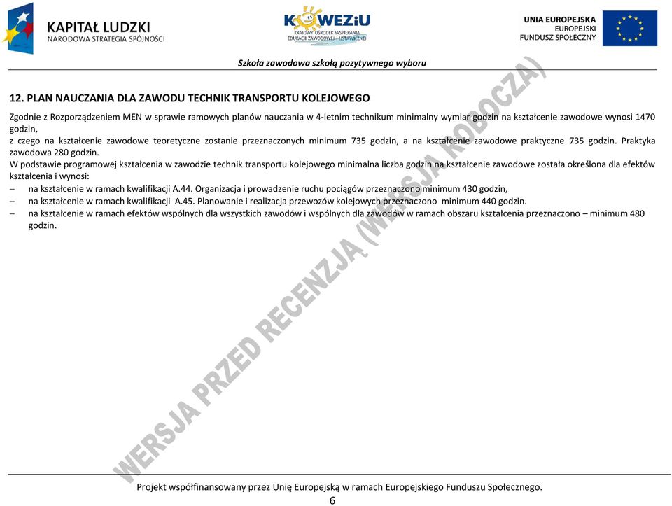 W podstawie programowej kształcenia w zawodzie technik transportu kolejowego minimalna liczba godzin na kształcenie zawodowe została określona dla efektów kształcenia i wynosi: na kształcenie w