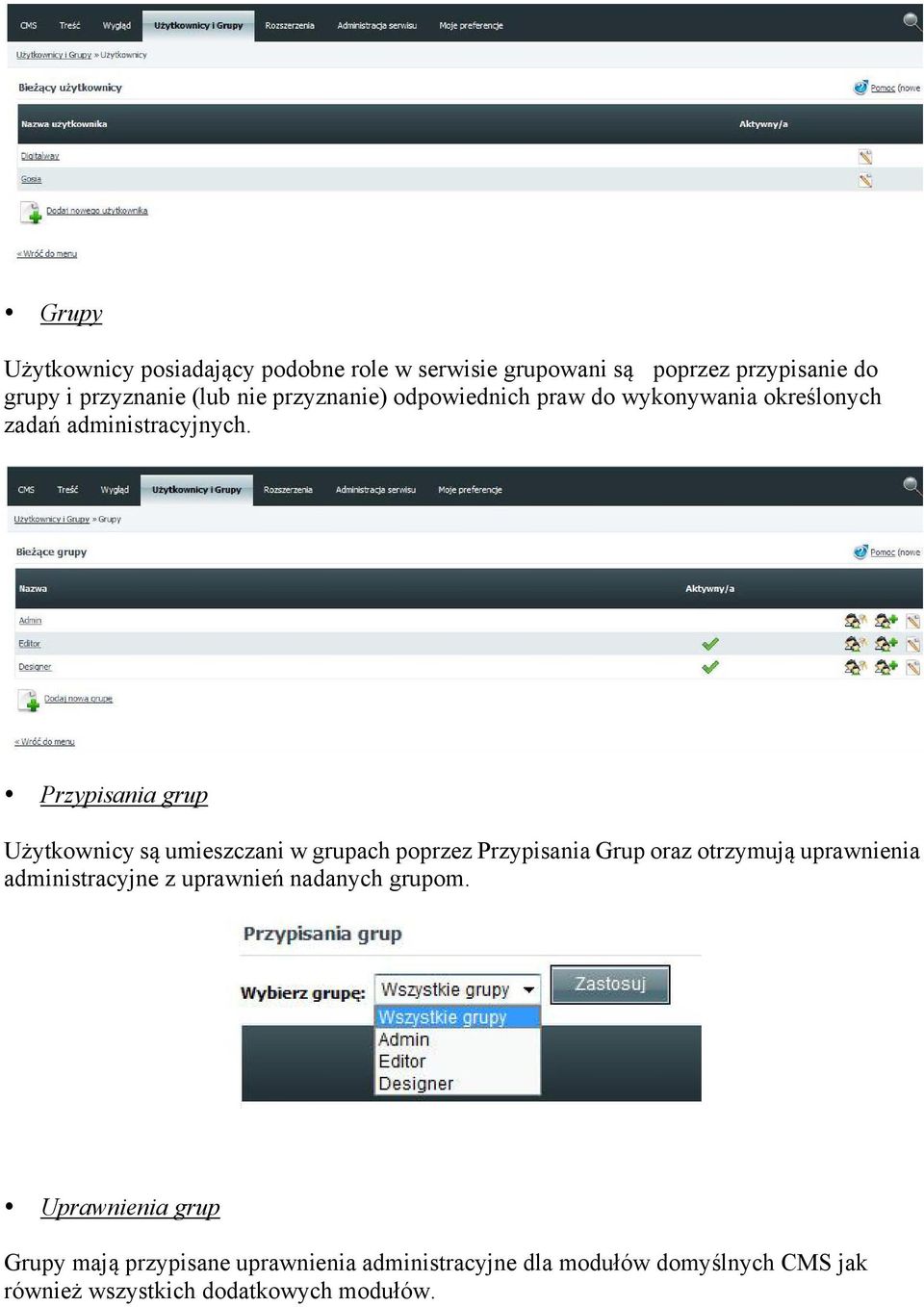 Przypisania grup Użytkownicy są umieszczani w grupach poprzez Przypisania Grup oraz otrzymują uprawnienia administracyjne