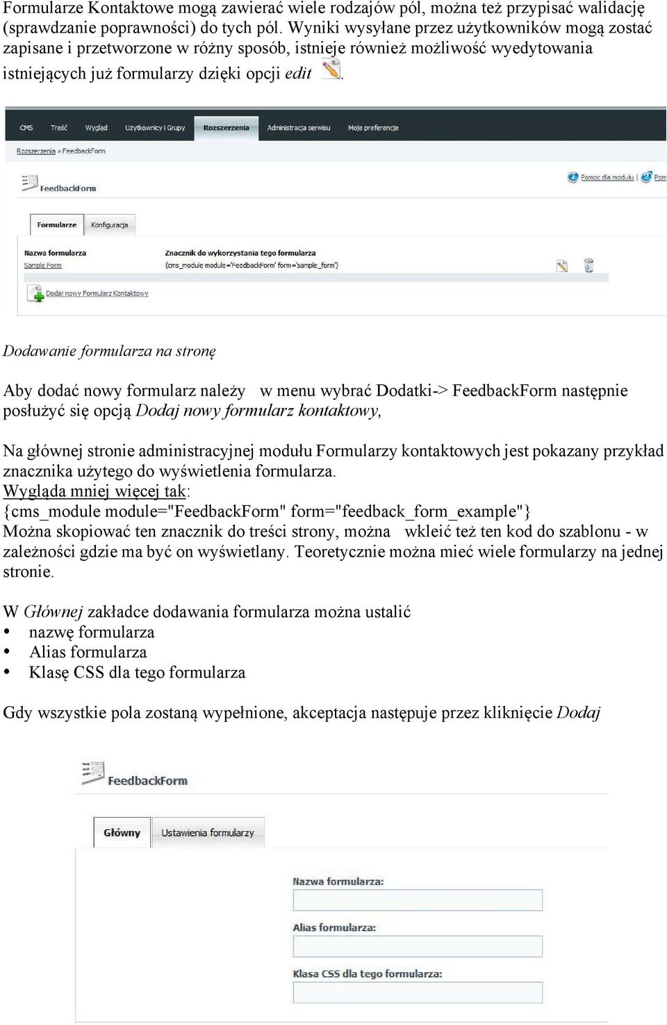 Dodawanie formularza na stronę Aby dodać nowy formularz należy w menu wybrać Dodatki-> FeedbackForm następnie posłużyć się opcją Dodaj nowy formularz kontaktowy, Na głównej stronie administracyjnej