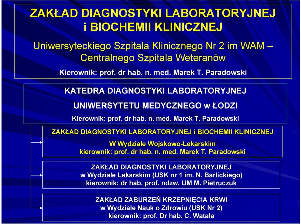 Paradowski ZAKŁAD AD DIAGNOSTYKI LABORATORYJNEJ i BIOCHEMII KLINICZNEJ W Wydziale Wojskowo-Lekarskim kierownik: prof. dr hab. n. med. Marek T.