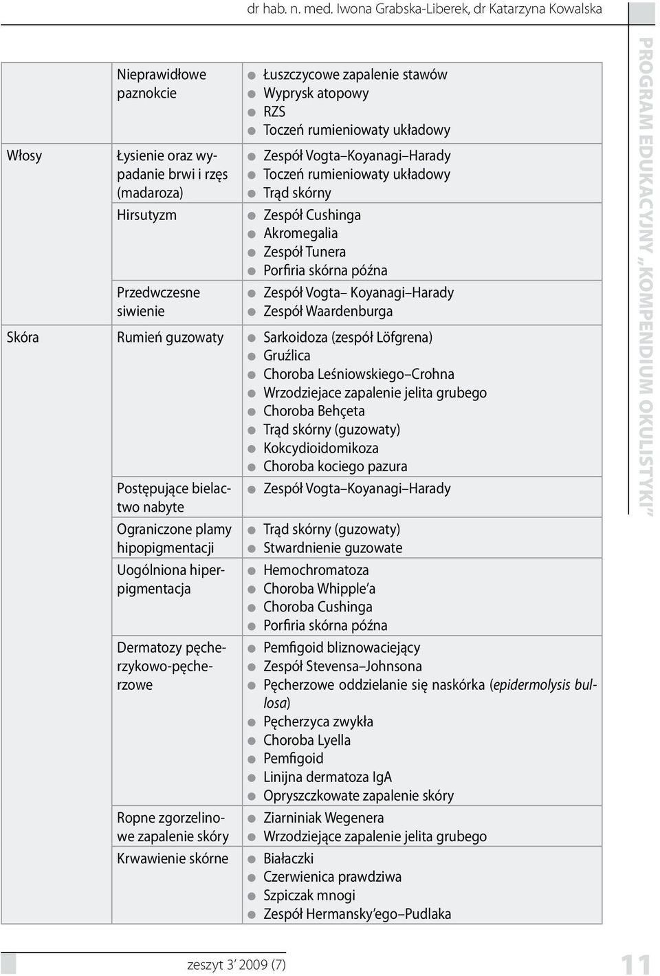 Zespół Vogta Koyanagi Harady Toczeń rumieniowaty układowy Trąd skórny Hirsutyzm Zespół Cushinga Akromegalia Zespół Tunera Porfiria skórna późna Przedwczesne siwienie Zespół Vogta Koyanagi Harady