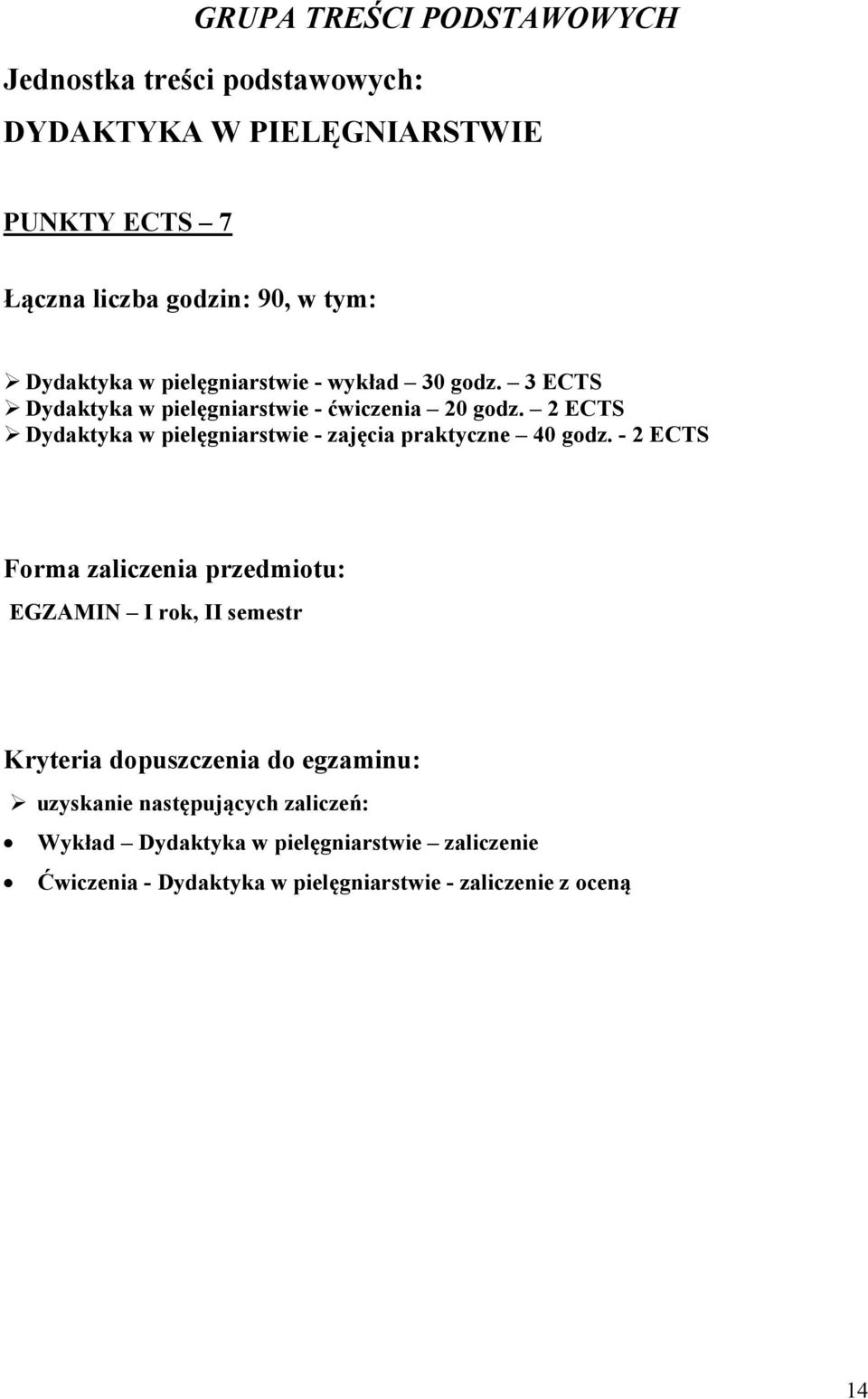 2 ECTS Dydaktyka w pielęgniarstwie - zajęcia praktyczne 40 godz.