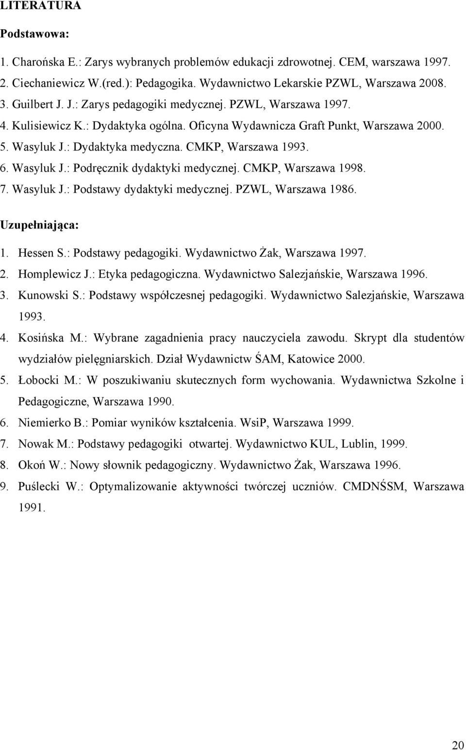 CMKP, Warszawa 1993. 6. Wasyluk J.: Podręcznik dydaktyki medycznej. CMKP, Warszawa 1998. 7. Wasyluk J.: Podstawy dydaktyki medycznej. PZWL, Warszawa 1986. Uzupełniająca: 1. Hessen S.