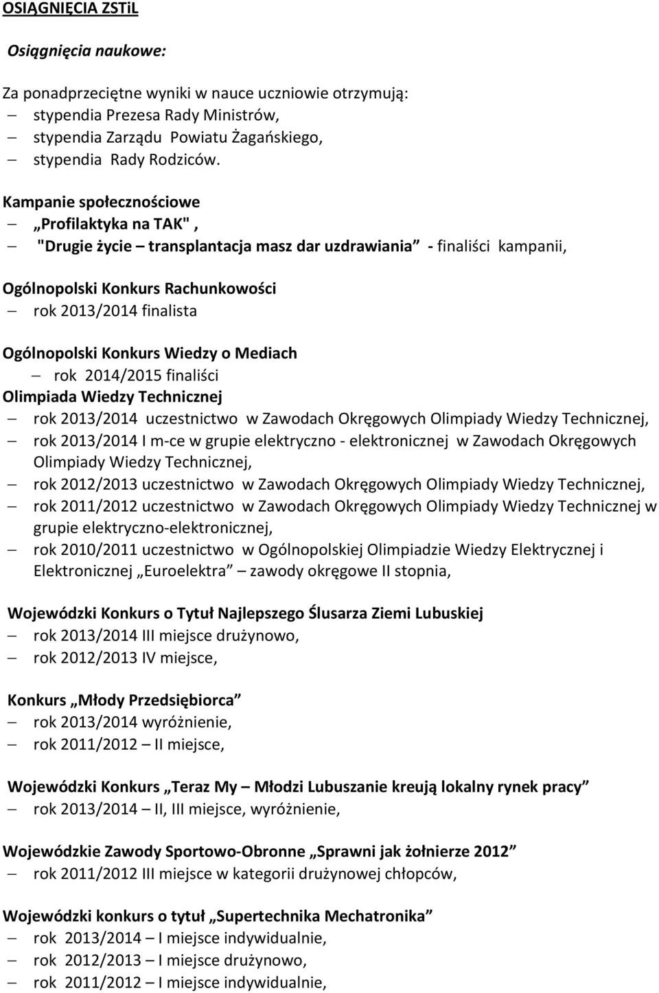 Wiedzy o Mediach rok 2014/2015 finaliści Olimpiada Wiedzy Technicznej rok 2013/2014 uczestnictwo w Zawodach Okręgowych Olimpiady Wiedzy Technicznej, rok 2013/2014 I m-ce w grupie elektryczno -