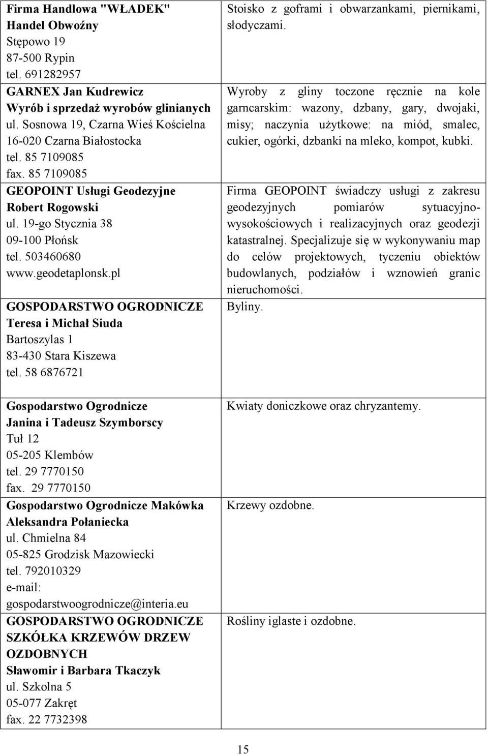 geodetaplonsk.pl GOSPODARSTWO OGRODNICZE Teresa i Michał Siuda Bartoszylas 1 83-430 Stara Kiszewa tel. 58 6876721 Gospodarstwo Ogrodnicze Janina i Tadeusz Szymborscy Tuł 12 05-205 Klembów tel.