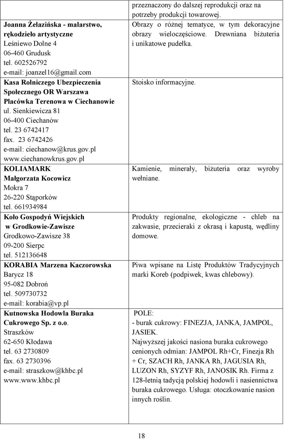 ciechanowkrus.gov.pl KOLIAMARK Małgorzata Kocowicz Mokra 7 26-220 Stąporków tel. 661934984 Koło Gospodyń Wiejskich w Grodkowie-Zawisze Grodkowo-Zawisze 38 09-200 Sierpc tel.