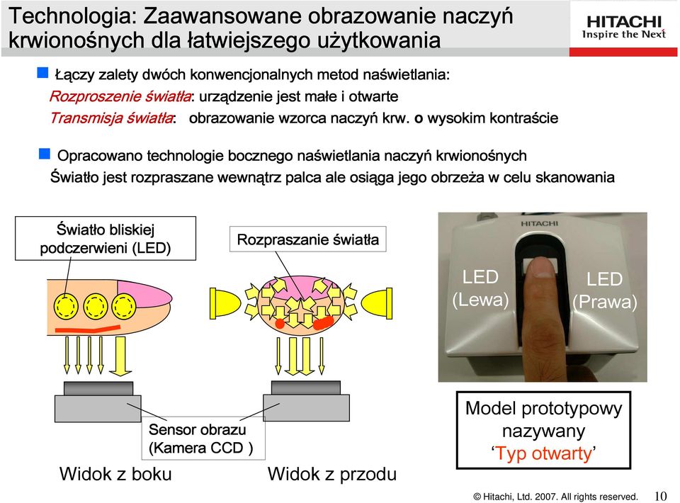 o wysokim kontraście Opracowano technologie bocznego naświetlania naczyń krwionośnych nych Świat wiatło jest rozpraszane wewnątrz palca ale osiąga jego obrzeża w